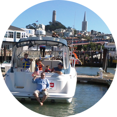 boaters sitting on swim platform and relaxing 